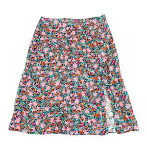 Loft Petite Linen Blend Ditsy Floral Midi Skirt Size 12P Pink Spring Cottagecore